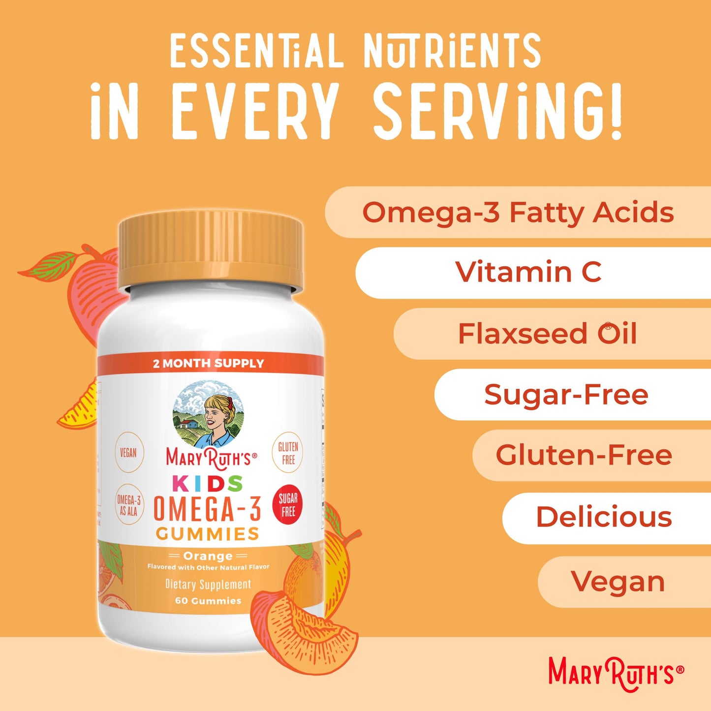 MARYRUTH'S Vegan Omega 3 Gummies for Kids 2+, 2 Month Supply, Sugar Free, Omega 3 Supplement with Vitamin C, Flaxseed Oil, Immune Support MARYRUTH'S
