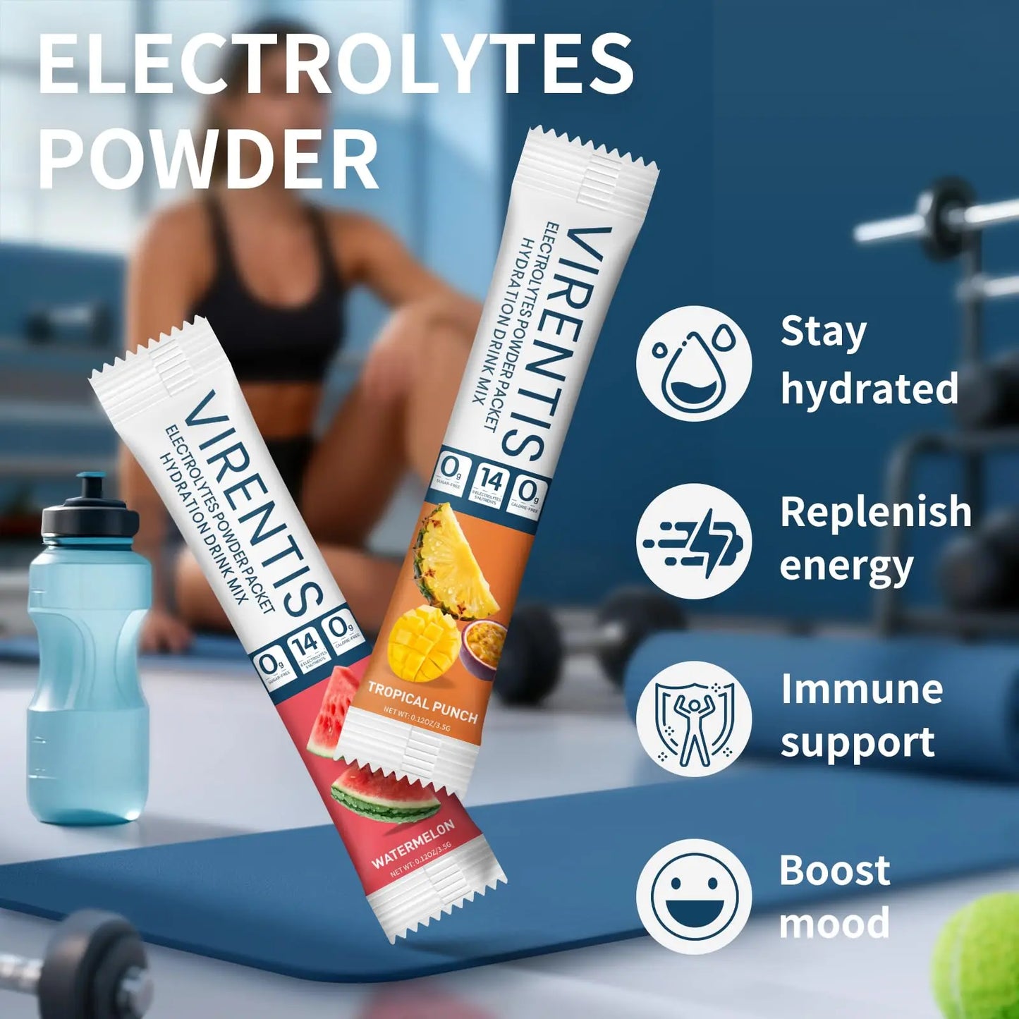 VIRENTIS 16 Sticks Electrolytes Powder Packets Sugar Free Hydration Packets, 8 Flavors Liquid Daily IV Electrolyte Drink Mix for Rehydration VIRENTIS