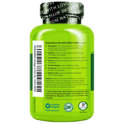 NATURELO Burpless Omega 3 Fish Oil Supplement - 1100mg Triglyceride Omega-3, EPA + DHA, Liquid Fish Oil for Heart, Eye, Brain, Joint Health NATURELO
