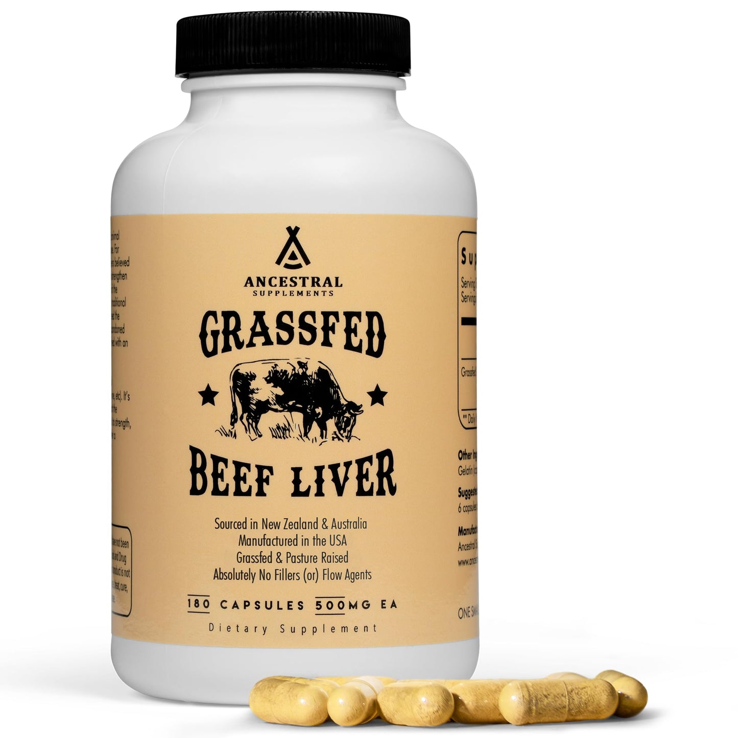 Ancestral Supplements Grass Fed Beef Liver 180 Capsules, Supports Energy Production, Detoxification, Digestion, Immunity and Full Body Wellness Ancestral Supplements