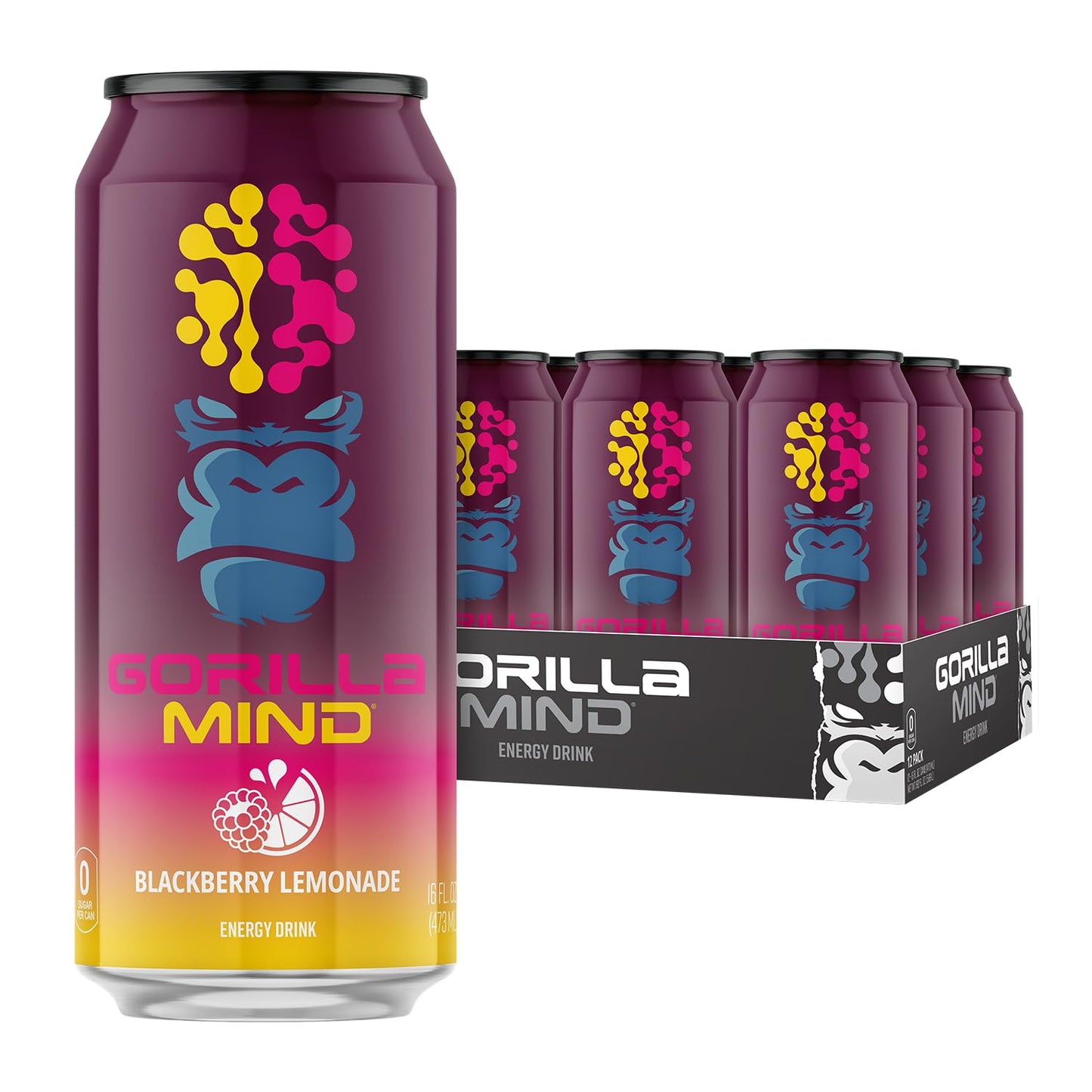Gorilla Mind Energy Drink | Unmatched Energy · Amplified Focus | N-Acetyl-L-Tyrosine, Alpha-GPC, 200mg Caffeine, Uridine, Saffron | 0 Sugar Or Artificial Colors | 16oz, 12-Pack (Black Cherry Vanilla)