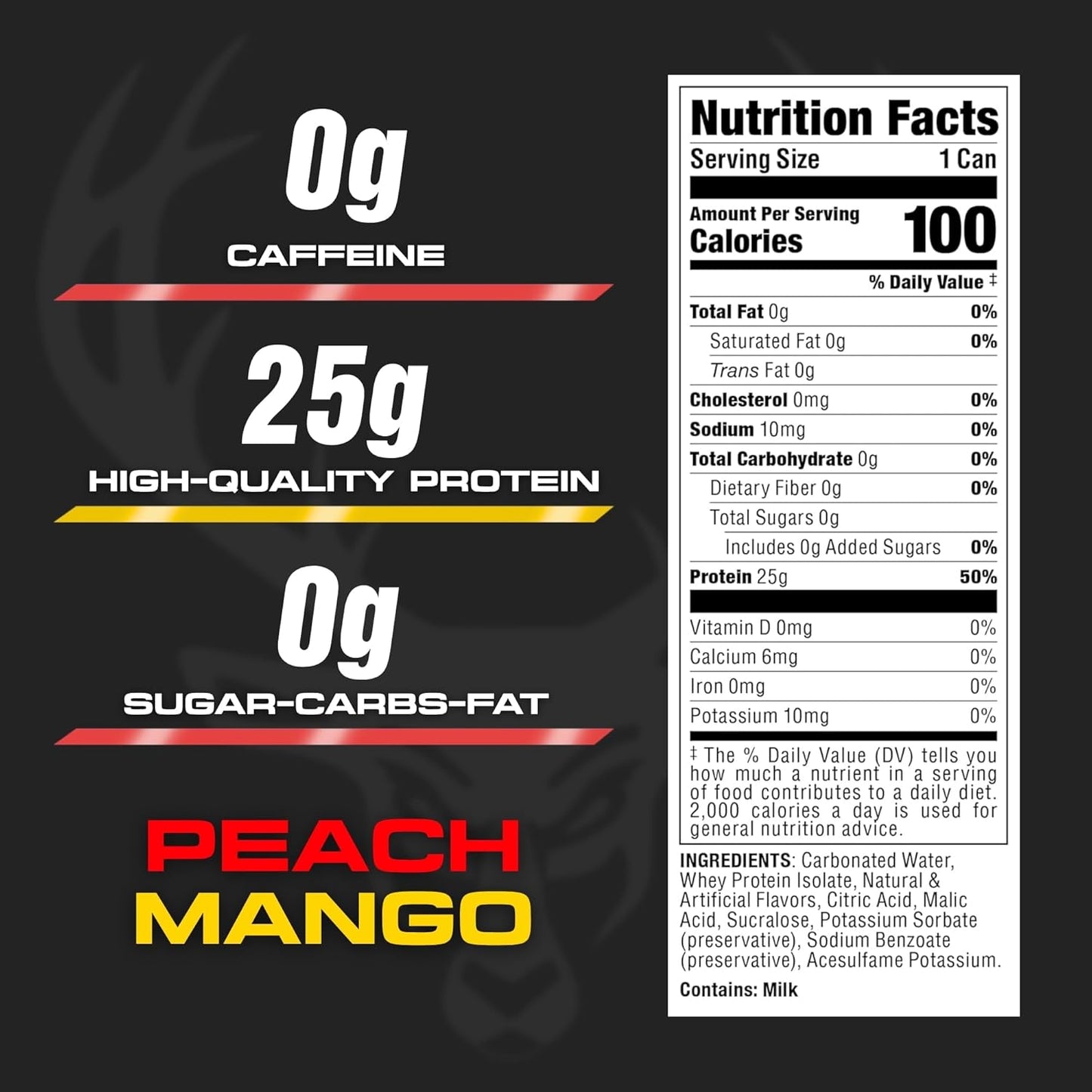 Bucked Up Lightly Carbonated Protein Soda | 25g Whey Isolate - Zero Sugar, Low Calorie, Caffeine Free, Clean Drink | Sparkling Protein Soda - 12 Pack, 16 oz Cans (Peach Mango)
