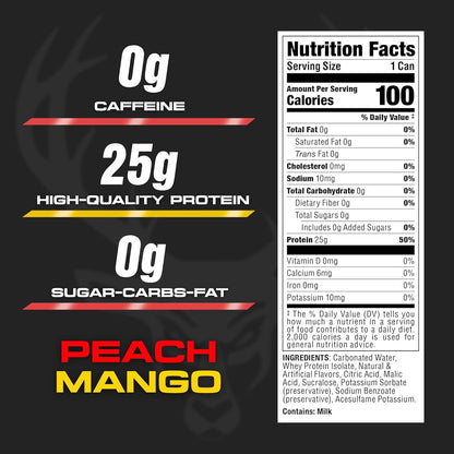 Bucked Up Lightly Carbonated Protein Soda | 25g Whey Isolate - Zero Sugar, Low Calorie, Caffeine Free, Clean Drink | Sparkling Protein Soda - 12 Pack, 16 oz Cans (Peach Mango)