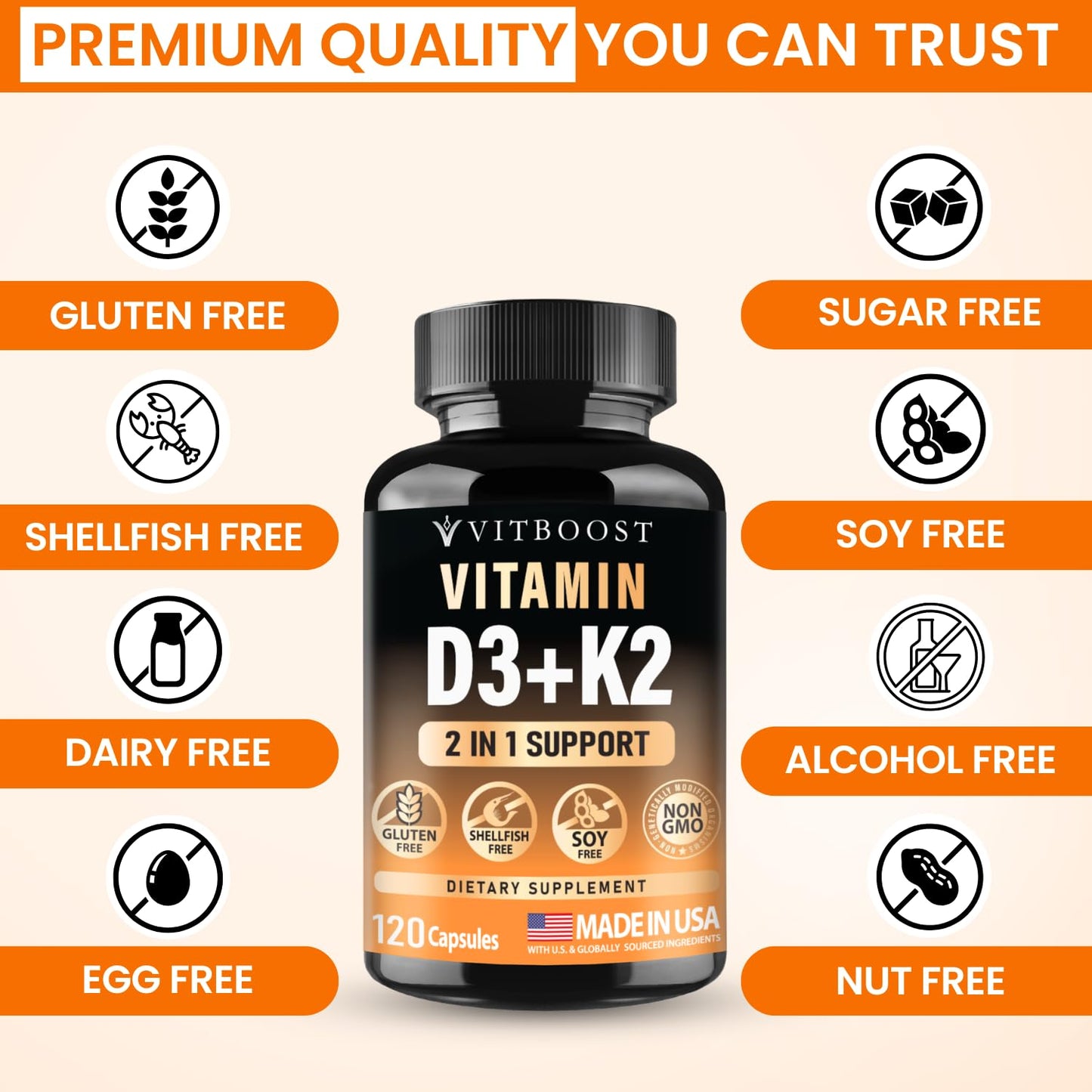 VITBOOST Vitamin D3 K2 Complex - Easy to Swallow - Vitamin D (D3) 5000 IU (125 mcg) & K2(MK-7) 90 mcg | Non-GMO | Gluten-Free VITBOOST