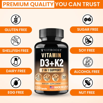 VITBOOST Vitamin D3 K2 Complex - Easy to Swallow - Vitamin D (D3) 5000 IU (125 mcg) & K2(MK-7) 90 mcg | Non-GMO | Gluten-Free VITBOOST