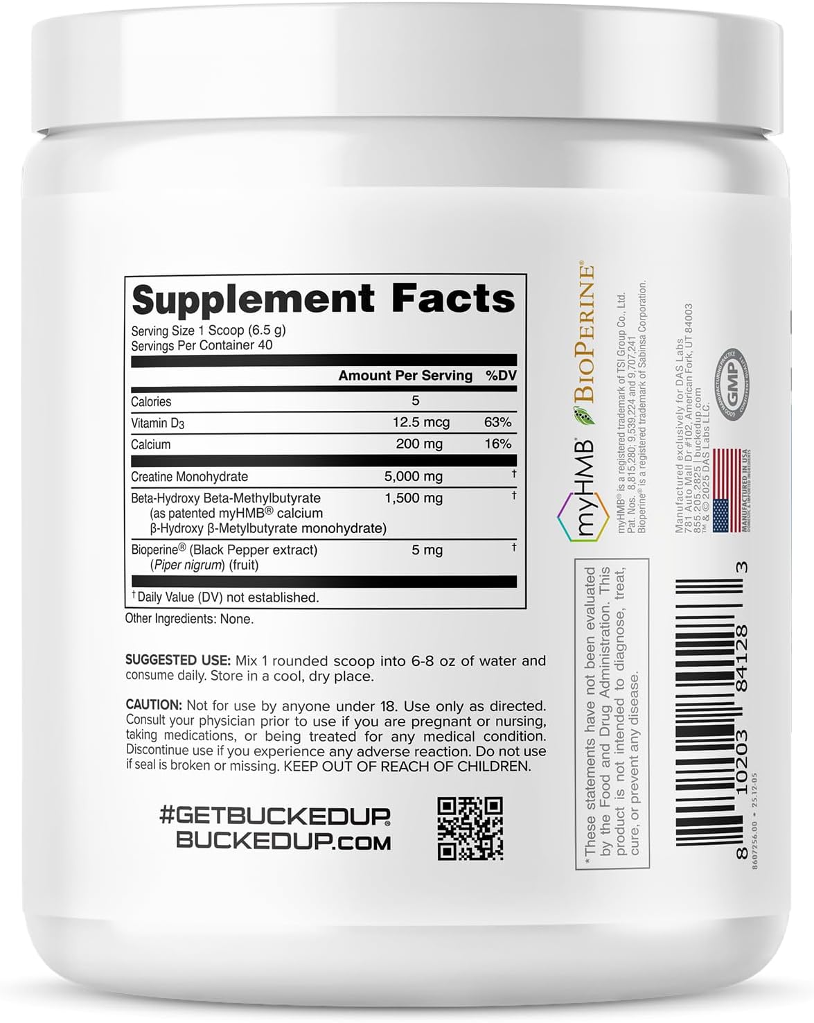 Bucked Up Creatine HMB 40 Servings Unflavored | 5g Creatine Monohydrate with 1.5g myHMB and 5mg BioPerine | Dietary Supplement Powder for Men and Women