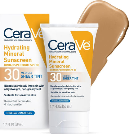 CeraVe Tinted Sunscreen for Face, Mineral SPF 30 Moisturizer, Medium, 1.7oz CeraVe