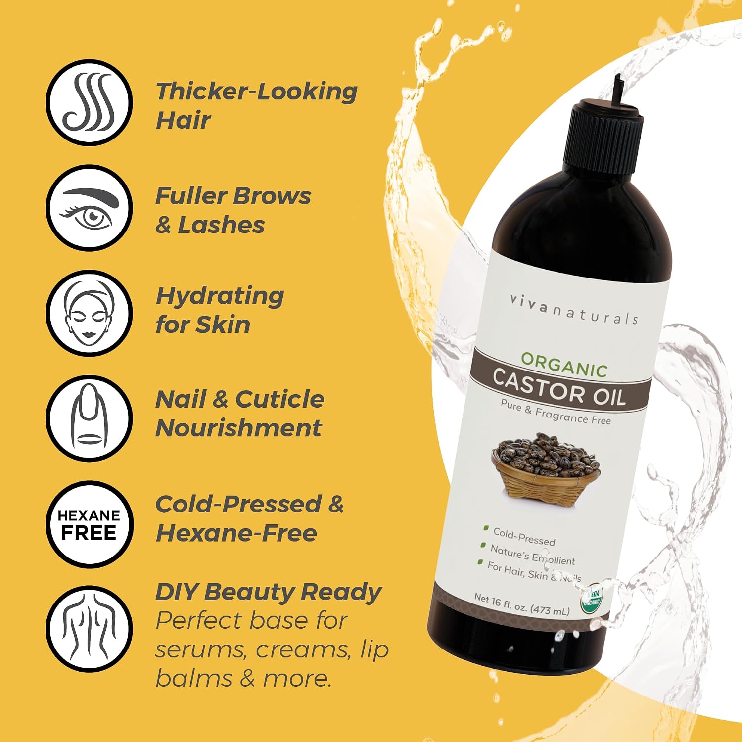 Viva Naturals Organic Castor Oil, Cold-Pressed, 16 fl oz – For Face, Hair, Eyelashes, USDA Organic, Non-GMO - With Beauty Kit Gsupps Australia