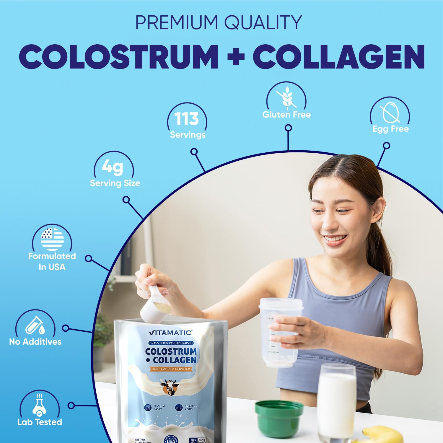 Vitamatic Bovine Colostrum + Collagen Powder - Supplement for Gut Health, Hair Growth, Beauty, Muscle Recovery, & Immune Support - Easy to Mix - Unflavored - 454 Gram, (16 oz) Vitamatic buy australia supplements