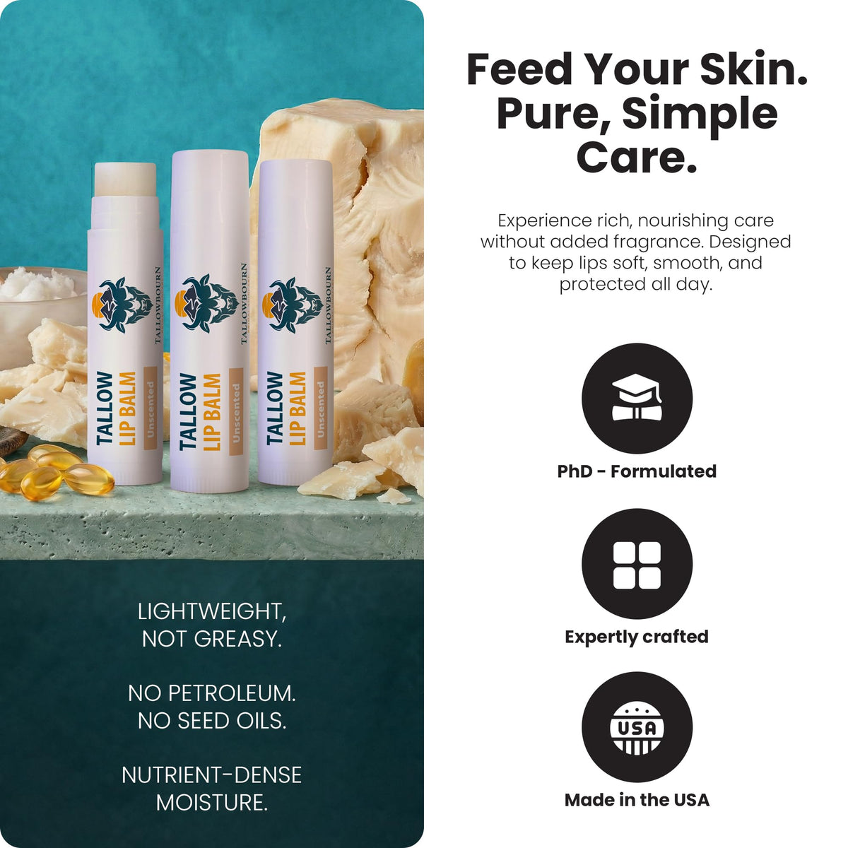 Lip Balm - Grass-Fed Beef Tallow Lip Balm 3pk – Unscented Tallowbourn