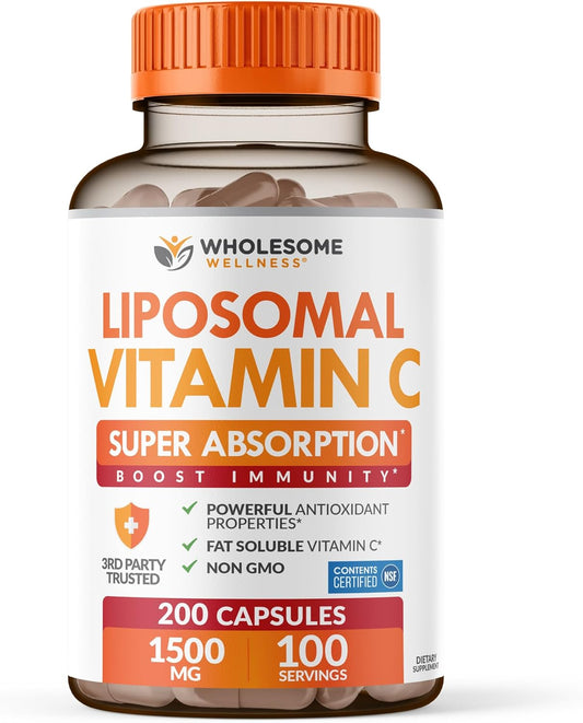 Wholesome Wellness Liposomal Vitamin C Capsules (200 Pills 1500mg Buffered) High Absorption, Immune System & Collagen Booster, High Dose Fat Soluble Immunity Support Ascorbic Acid, Natural Vegan Gsupps Australia