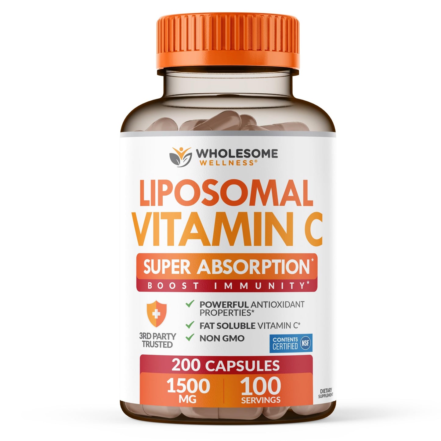 Wholesome Wellness Liposomal Vitamin C Capsules (200 Pills 1500mg Buffered) High Absorption, Immune System & Collagen Booster, High Dose Fat Soluble Immunity Wholesome Wellness