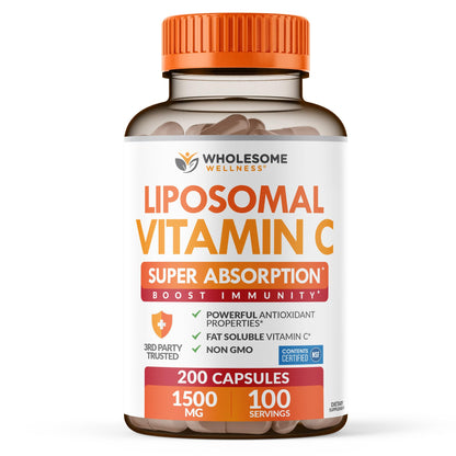 Wholesome Wellness Liposomal Vitamin C Capsules (200 Pills 1500mg Buffered) High Absorption, Immune System & Collagen Booster, High Dose Fat Soluble Immunity Wholesome Wellness
