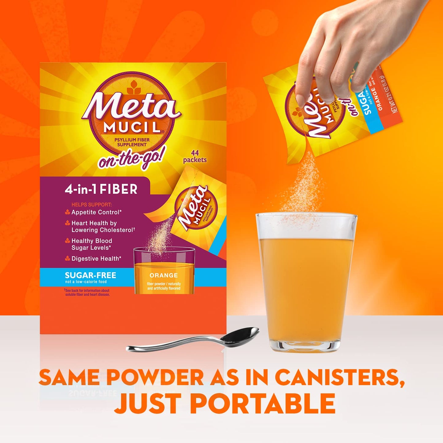 Metamucil On-the-Go Packets, Sugar-Free, 44 Packets, 4-in-1 Psyllium Husk Fiber Supplement, Orange Flavored, Individual Servings Great for Travel Metamucil