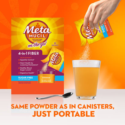 Metamucil On-the-Go Packets, Sugar-Free, 44 Packets, 4-in-1 Psyllium Husk Fiber Supplement, Orange Flavored, Individual Servings Great for Travel Metamucil