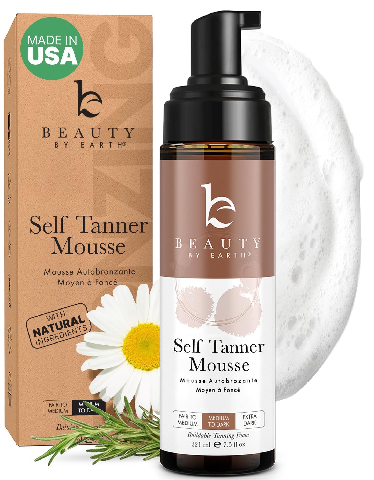 Self Tanner Mousse - USA Made with Natural & Organic Ingredients, Self Tanning Mousse for Dark Fake Tan, Sunless Tanner Beauty by Earth