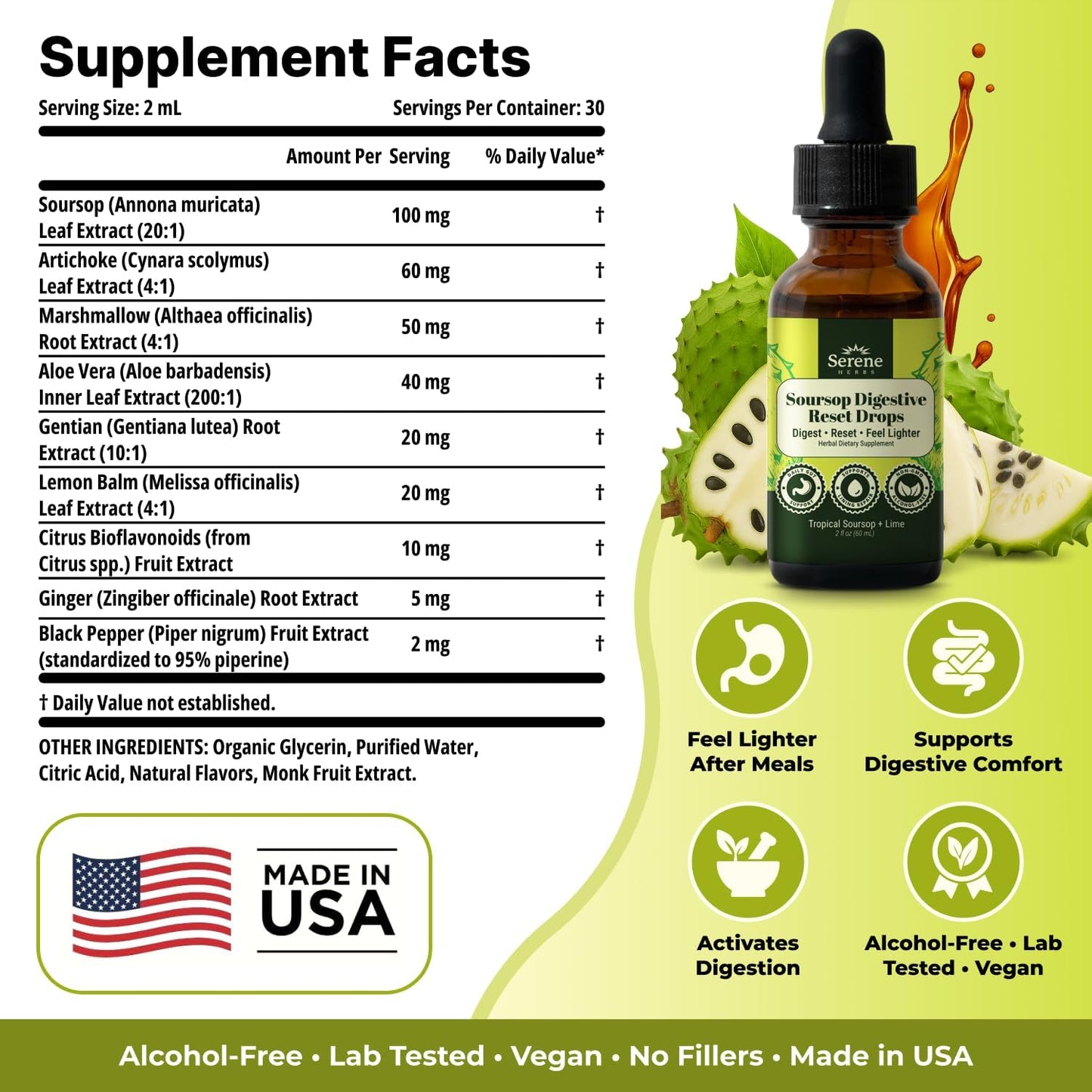 Serene Herbs Soursop Digestive Reset Drops 2 fl oz – Tropical Soursop & Lime Liquid Supplement – Supports Digestion