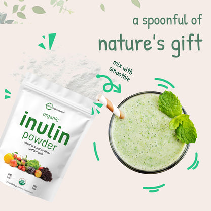Micro Ingredients Organic Inulin FOS Fiber Powder, 2.2 lbs | Quick Water-Soluble Prebiotic | Natural Fiber for Smoothies & Drinks | Vegan Friendly, Dissolves Clear Micro Ingredients