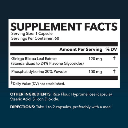 Ginkgo Biloba 120mg with Phosphatidylserine, Nootropic Supplement, 60 Count | Nootropic Brain Health, Memory and Focus Supplement, Supports Cognitive Function & Mental Clarity, 2-Month Supply Gsupps Australia