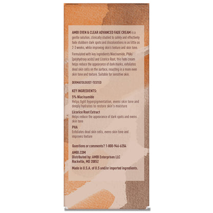Ambi Even & Clear Advanced Fade Cream, Hydroquinone-free, Hyperpigmentation Treatment, Stubborn Dark Spot Corrector, Results In As Little As 2-3 Weeks, Niacinamide, Licorice Root Extract, PHA, 1 Fl Oz Ambi