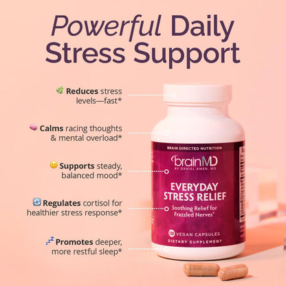 BRAINMD Dr Amen Everyday Stress Relief - 120 Capsules - Promotes Relaxation & Focus - Non-Drowsy - Gluten Free - 30 Servings