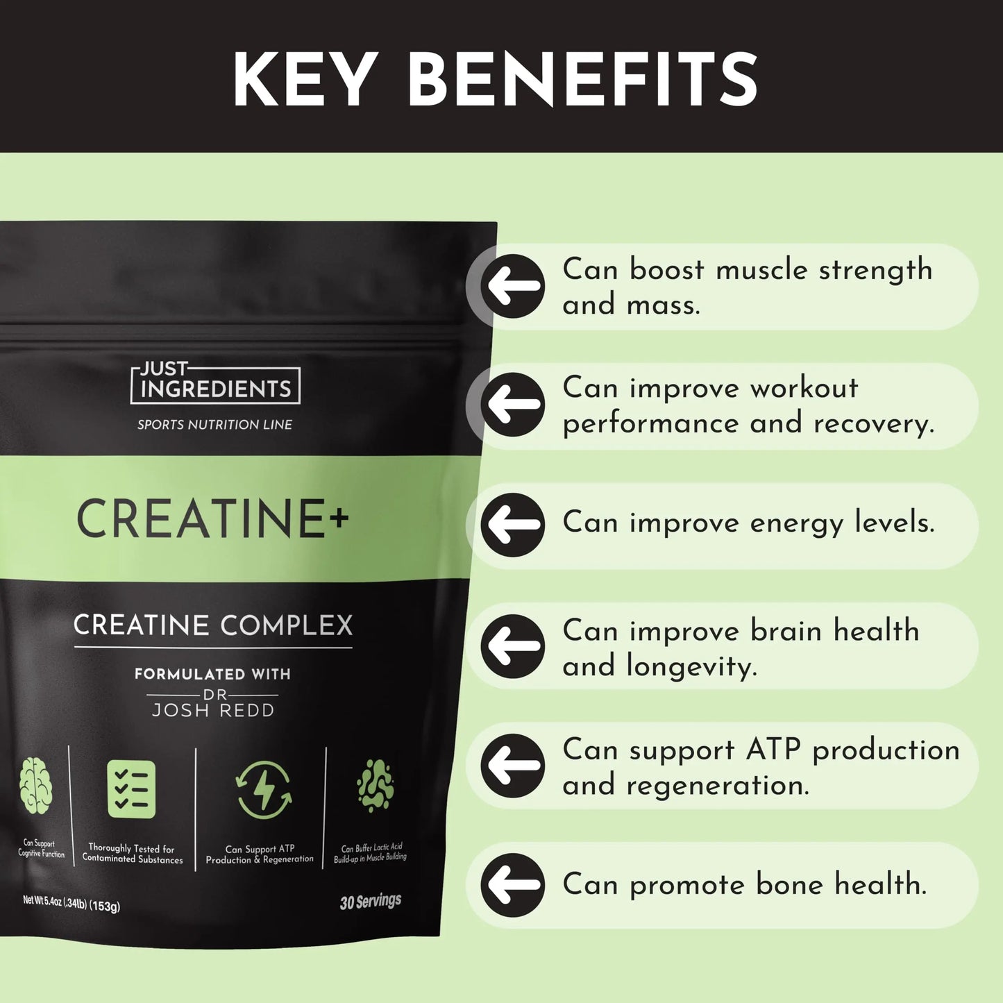 JUST INGREDIENTS Creatine Monohydrate Powder with Rejen Fulvic Mineral Complex - Supports Muscle Recovery, Energy, Strength, Cognitive Function - 30 Servings JUST INGREDIENTS