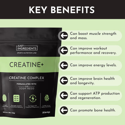 JUST INGREDIENTS Creatine Monohydrate Powder with Rejen Fulvic Mineral Complex - Supports Muscle Recovery, Energy, Strength, Cognitive Function - 30 Servings JUST INGREDIENTS