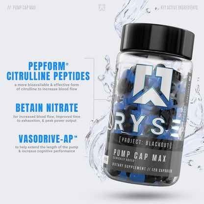 RYSE Project Blackout Pump Cap Max - Pre Workout Nitric Oxide Booster Supplement for Men with Betaine Nitrates & Citrulline Peptides for Maximum Muscle Pumps and Blood Flow - 30 Servings (120 Count)
