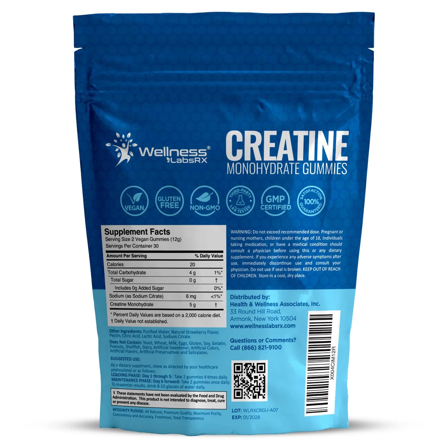 Creatine Gummies 5000mg, 30 Servings Creatine Monohydrate Gummies - Third-Party Tested Creatine for Women, Strawberry Flavor Creatine for Men, Muscle Growth, WELLNESS LABSRX