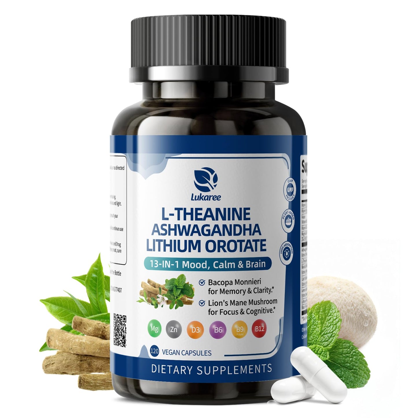 Lithium Orotate 5/10mg, L-Theanine 200mg, Ashwagandha 300mg - Mood Focus Memory Brain Supplements with Bacopa Monnieri, Lion’s Mane, Magnesium, Zinc D3 B6 Folate B12 Lukaree