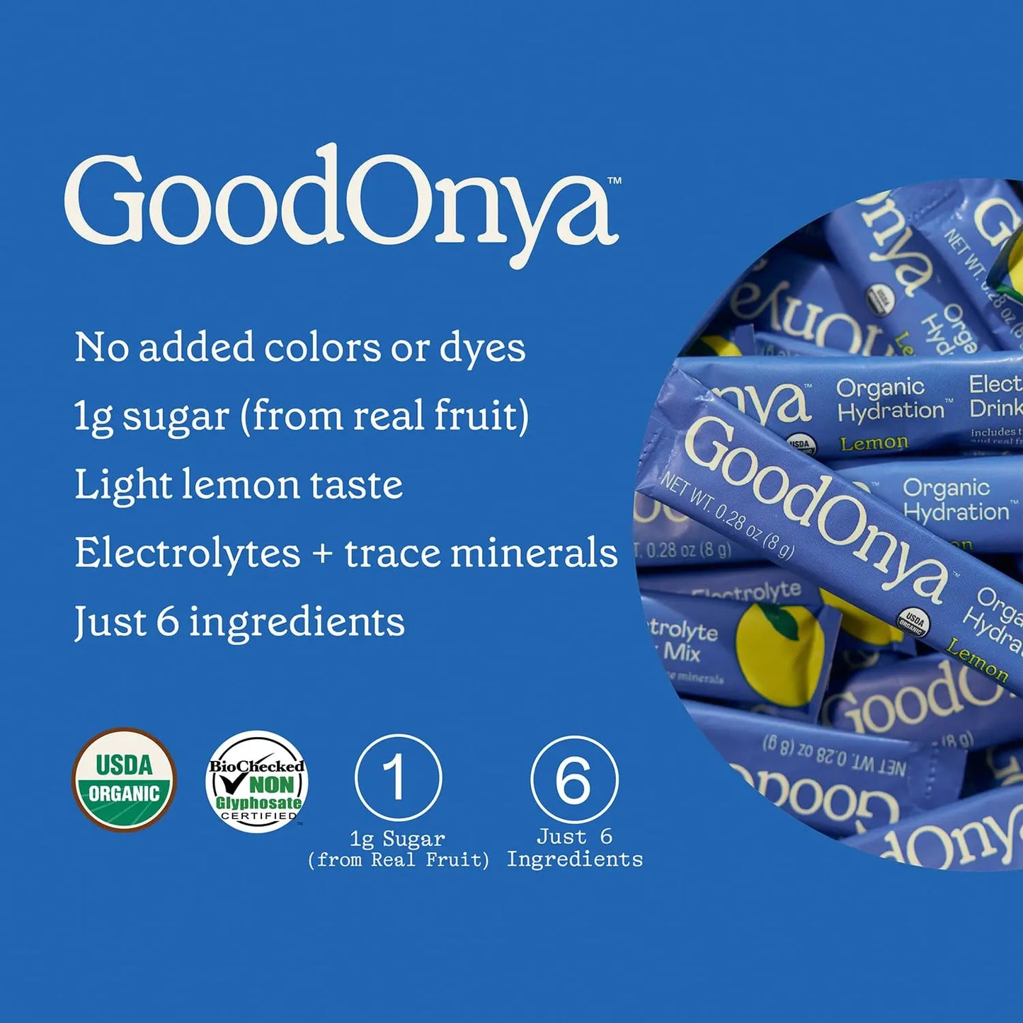 GOODONYA Organic Hydration Electrolyte Drink Mix, Certified Organic Hydration Powder, Non-GMO, Biochecked Glyphosate Free, Low Sugar, Lemonade Flavor, No Artificial Flavors,12 Stick Packs GOODONYA