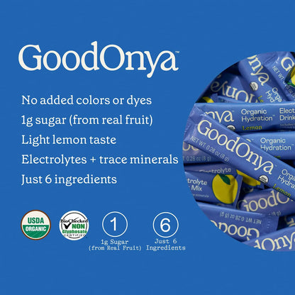 GOODONYA Organic Hydration Electrolyte Drink Mix, Certified Organic Hydration Powder, Non-GMO, Biochecked Glyphosate Free, Low Sugar, Lemonade Flavor, No Artificial Flavors,12 Stick Packs GOODONYA