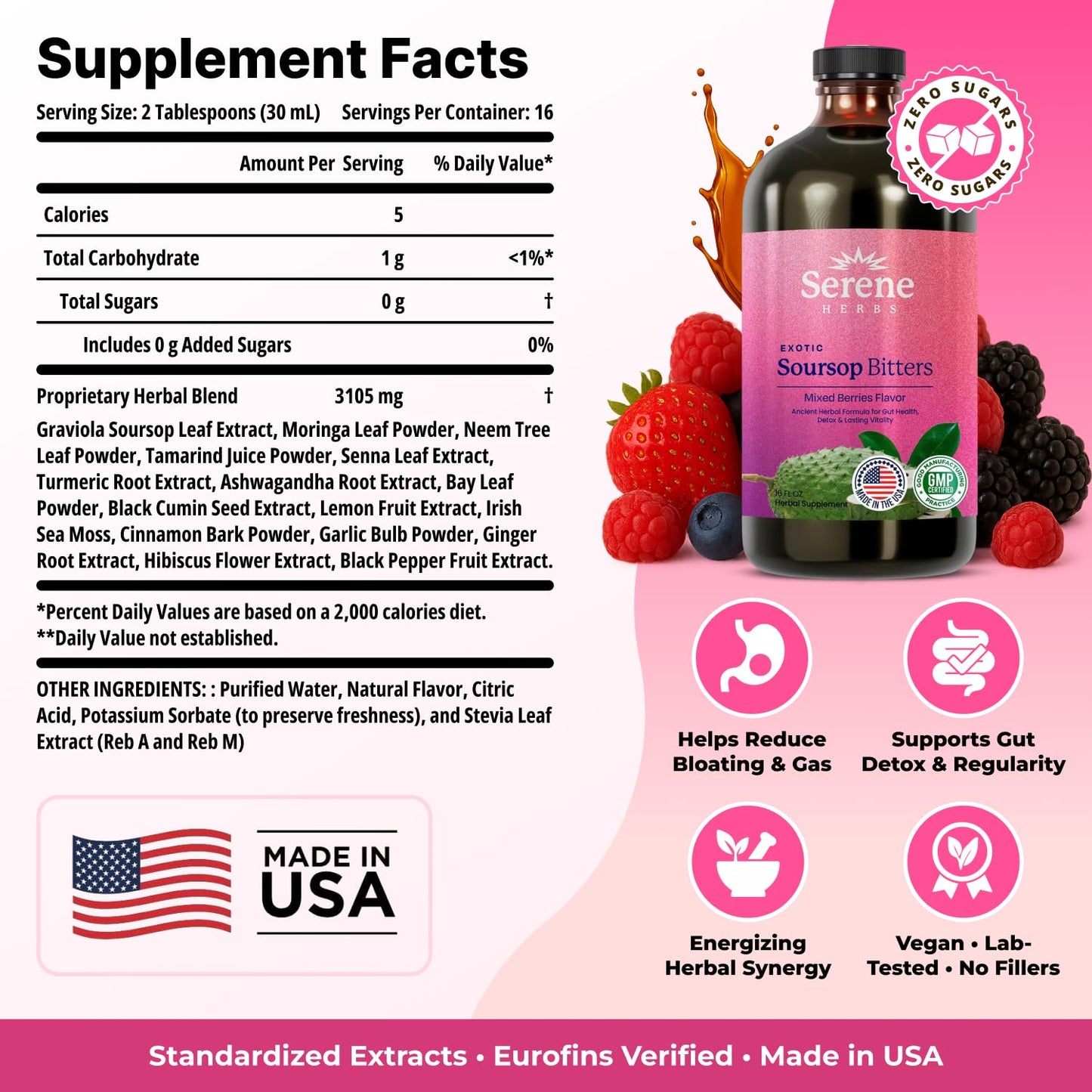 Serene Herbs Soursop Bitters Liquid with Soursop Leaves for Gut Cleanse, Detox & Immune Boost with Black Seed, Moringa, Irish Moss, Ashwaganda, Turmeric, 16 fl oz (16 Fl, Soursop)