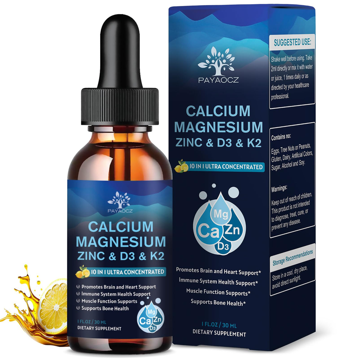 (2 Pack) 10 in 1 Magnesium Calcium Zinc Supplement with Vitamin C D3 K2, Glycinate Mag Vegan Liquid Drops Plus L-Theanine Boron Sea Moss Extract, Immune Support PAYAOCZ