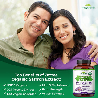 Zazzee USDA Organic Saffron 20:1 Extract, 88.5 mg, 0.3% Safranal, Vegan | 100 Capsules, 3+ Month Supply, Concentrated and Standardized 20X Extract, Non-GMO, All-Natural, Made in the USA Gsupps Australia