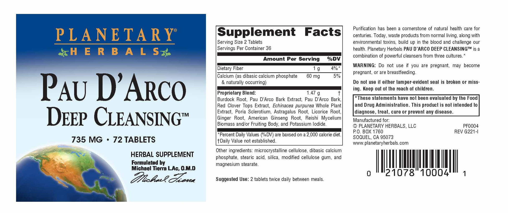 Planetary Herbals PAU D'Arco Deep Cleansing, Herbal Supplement, 735 mg - 72 Tablets Planetary Herbals buy australia supplements
