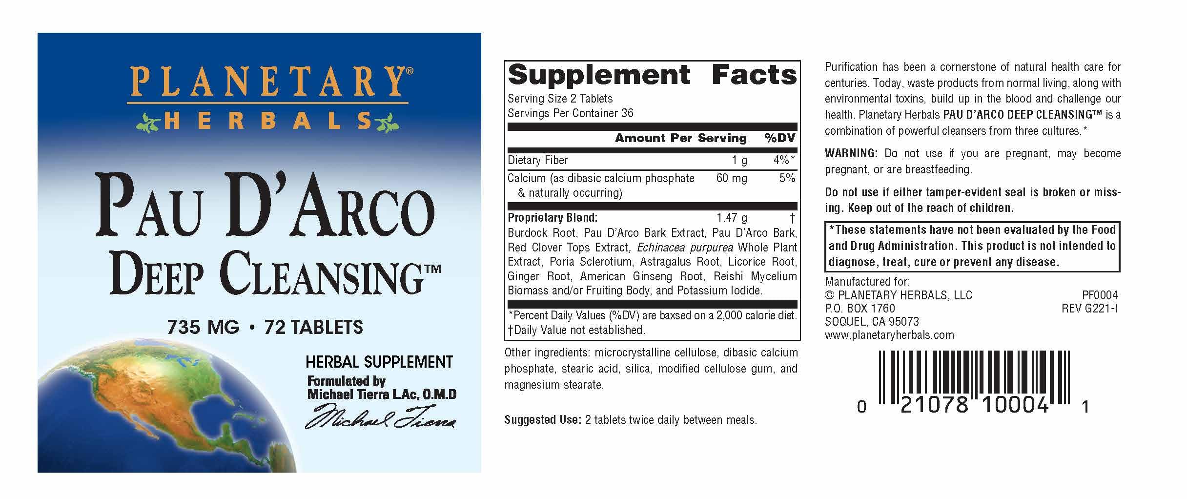 Planetary Herbals PAU D'Arco Deep Cleansing, Herbal Supplement, 735 mg - 72 Tablets Planetary Herbals buy australia supplements