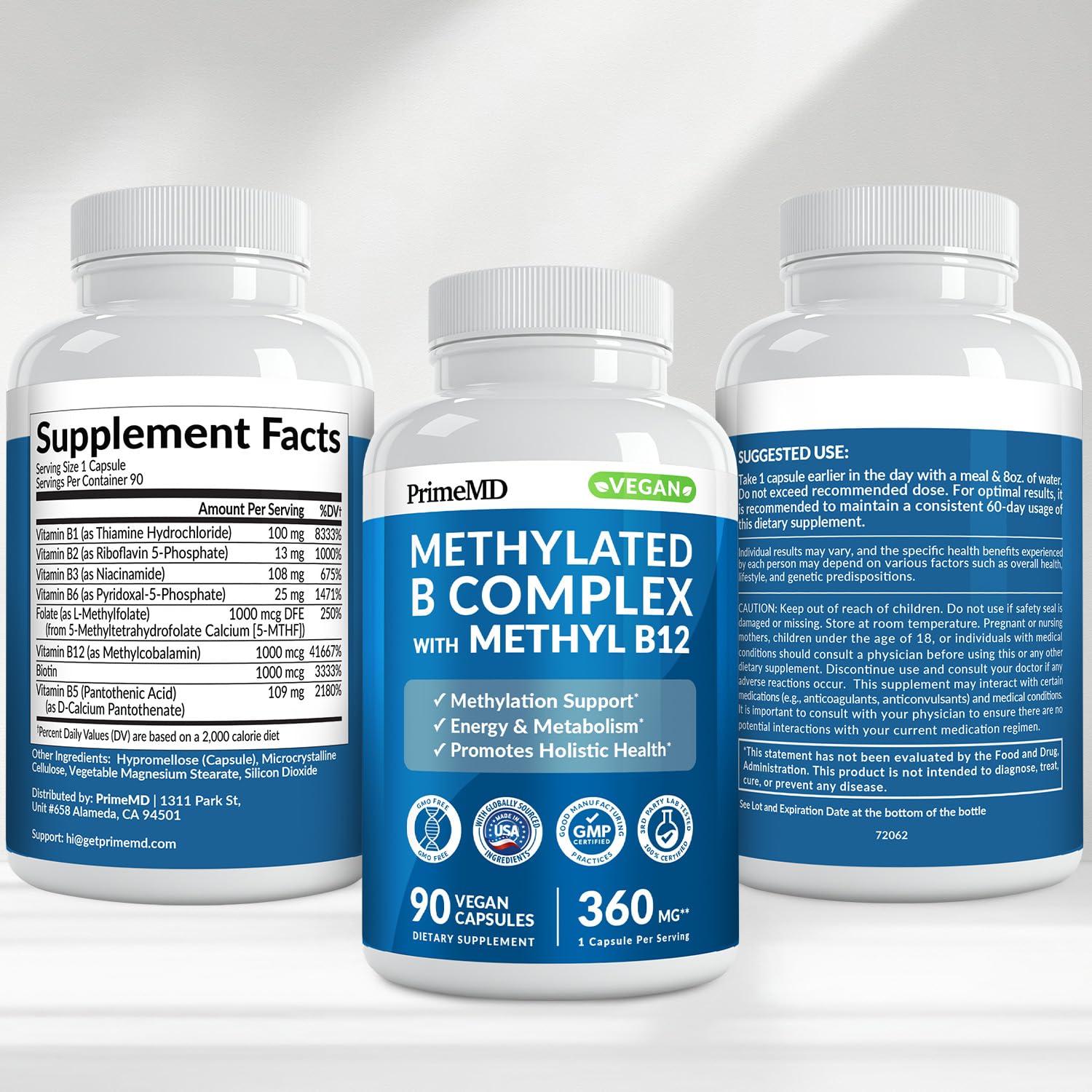 Methylated B Complex with Methylfolate and B12 Methylcobalamin 1000 mcg - Methylated Multivitamin for Energy, Brain Function, and Wellness - Vitamin B Complex for Men & Women (90 Servings) (Pack of 1) PrimeMD buy australia supplements