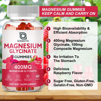 Magnesium Glycinate Gummies 400 mg with 100 mg Composite magnesium - Chelated Magnesium Potassium Supplement with Vitamin D, B6 Supports Calm, Sleep, Memory & Muscle GONGOTA