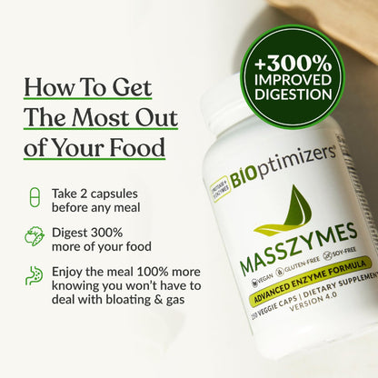 BiOptimizers MassZymes - Complete Digestive Enzymes Supplement for Gut Health - Bloating Relief for Men and Women - Lipase Amylase Bromelain BIOptimizers