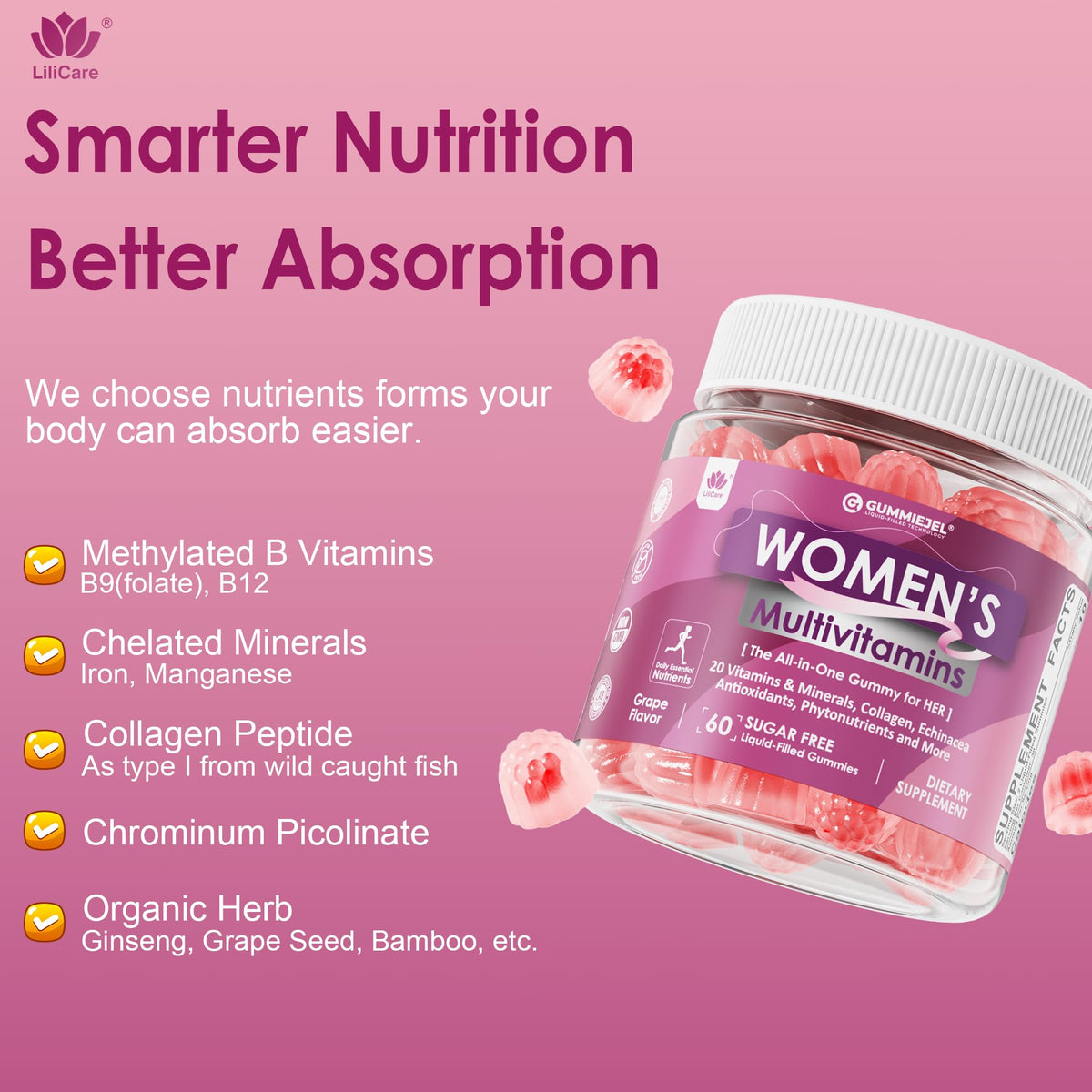 Womens Multivitamin Gummy, Methylated Multivitamin for Women, Biotin, Methylfolate, Iron, Collagen, Vitamins A C D, B Complex, Antioxidants for Women's Daily Support, LILICARE