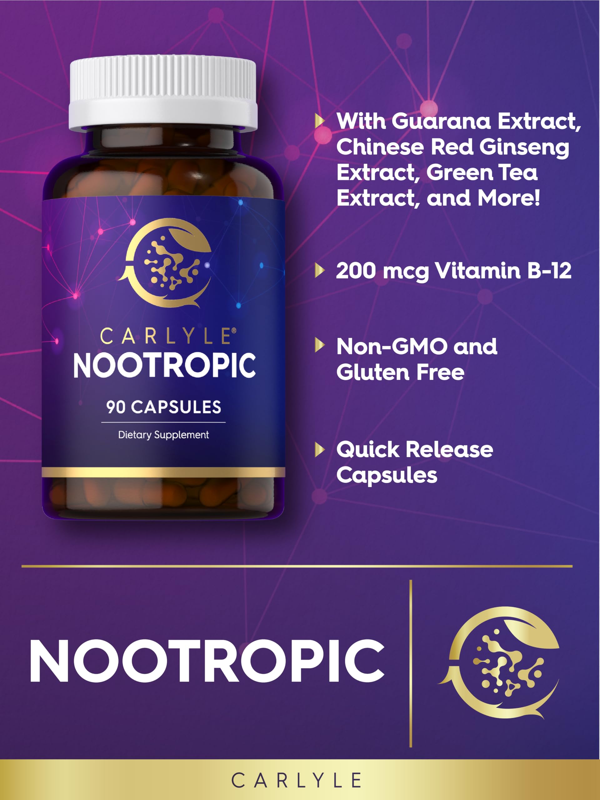 Carlyle Brain Nootropic Supplement | 90 Capsules | with Caffeine, B12, and Guarana Extract | Non-GMO & Gluten Free Carlyle buy australia supplements