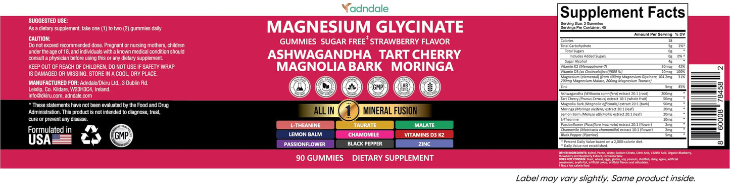Adndale Magnesium Glycinate 400 mg Gummies with Ashwagandha, Magnesium Malate & Taurate, Tart Cherry, Magnolia Bark, Lemon Balm, Passionflower Adndale