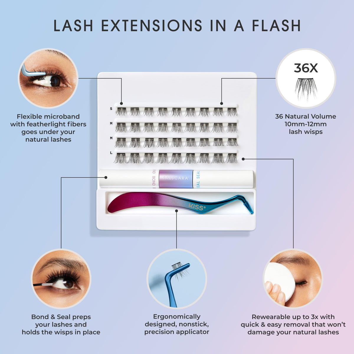 Falscara Lash Clusters Kit, 36 Black Band At-Home Lash Extensions Starter Kit with Bond, Seal and Applicator, Lengthening, 10mm - 12mm Reusable Underlash Wisps, All-Day Wear (Remover Sold Separately) FALSCARA