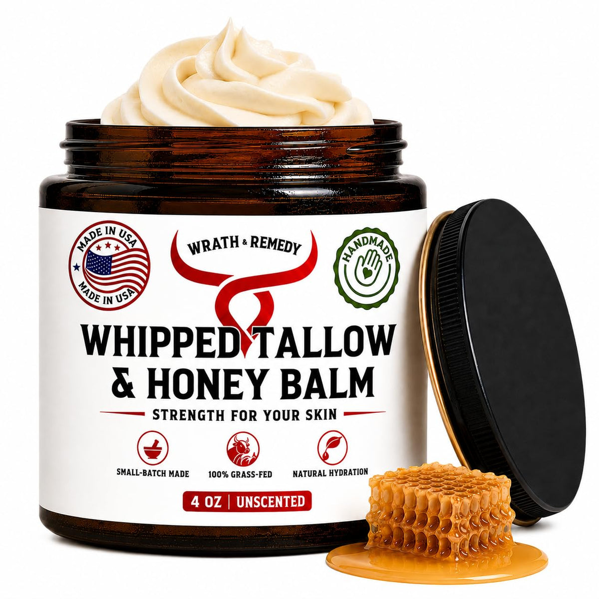 Organic Beef Tallow for Skin, Made in USA, Handcrafted, Unscented, 4 oz Wrath & Remedy