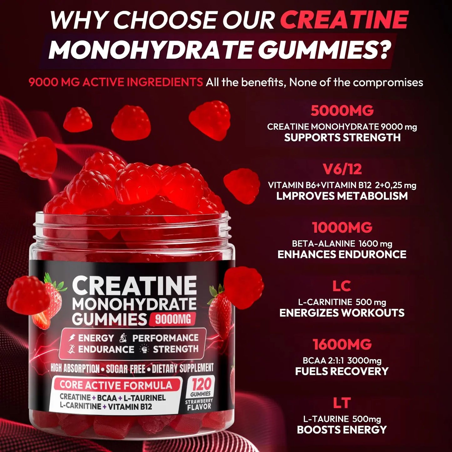 Creatine Gummies Monohydrate Complex 9000MG, Chewable Creatine Monohydrate Gummies for Men & Women with L-Taurine, BCAA 2:1, B12/6, Building Muscle Cytona