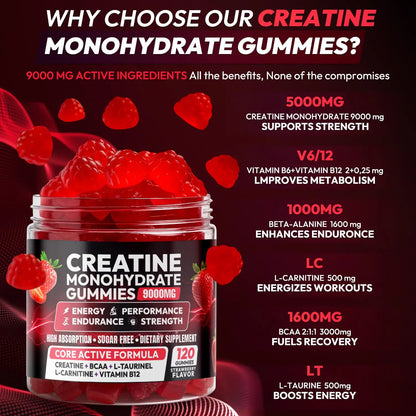 Creatine Gummies Monohydrate Complex 9000MG, Chewable Creatine Monohydrate Gummies for Men & Women with L-Taurine, BCAA 2:1, B12/6, Building Muscle Cytona