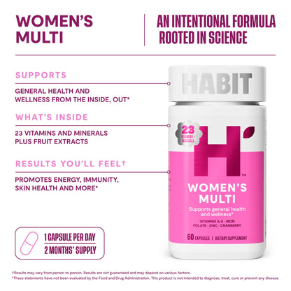 Habit Womens Multi Supplement (60 Capsules) - New Look, Supports General Health & Wellness, 23 Essential Vitamins and Minerals, Fruit extracts H' Habit
