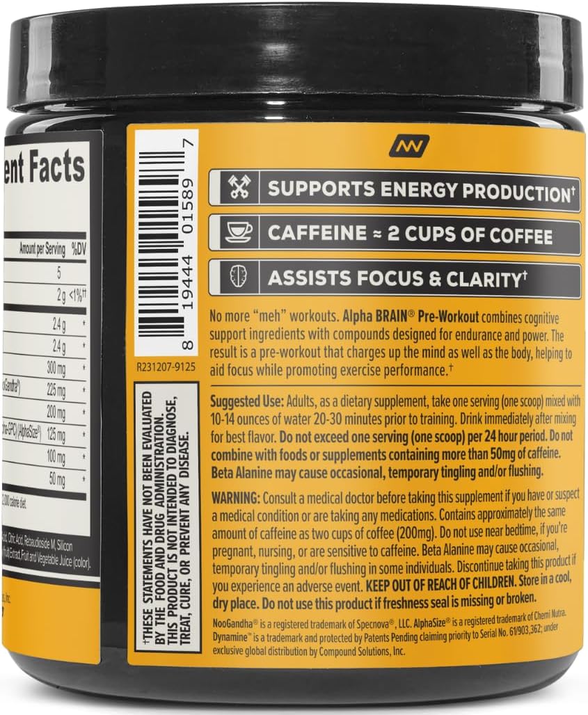 ONNIT Alpha Brain Pre-Workout Powder, IGEN™ Non-GMO Tested, Tiger's Blood Flavor, Pre-Workout Supplement for Women and Men, Dietary Supplement, 20 Servings per Tub, 6.76 oz