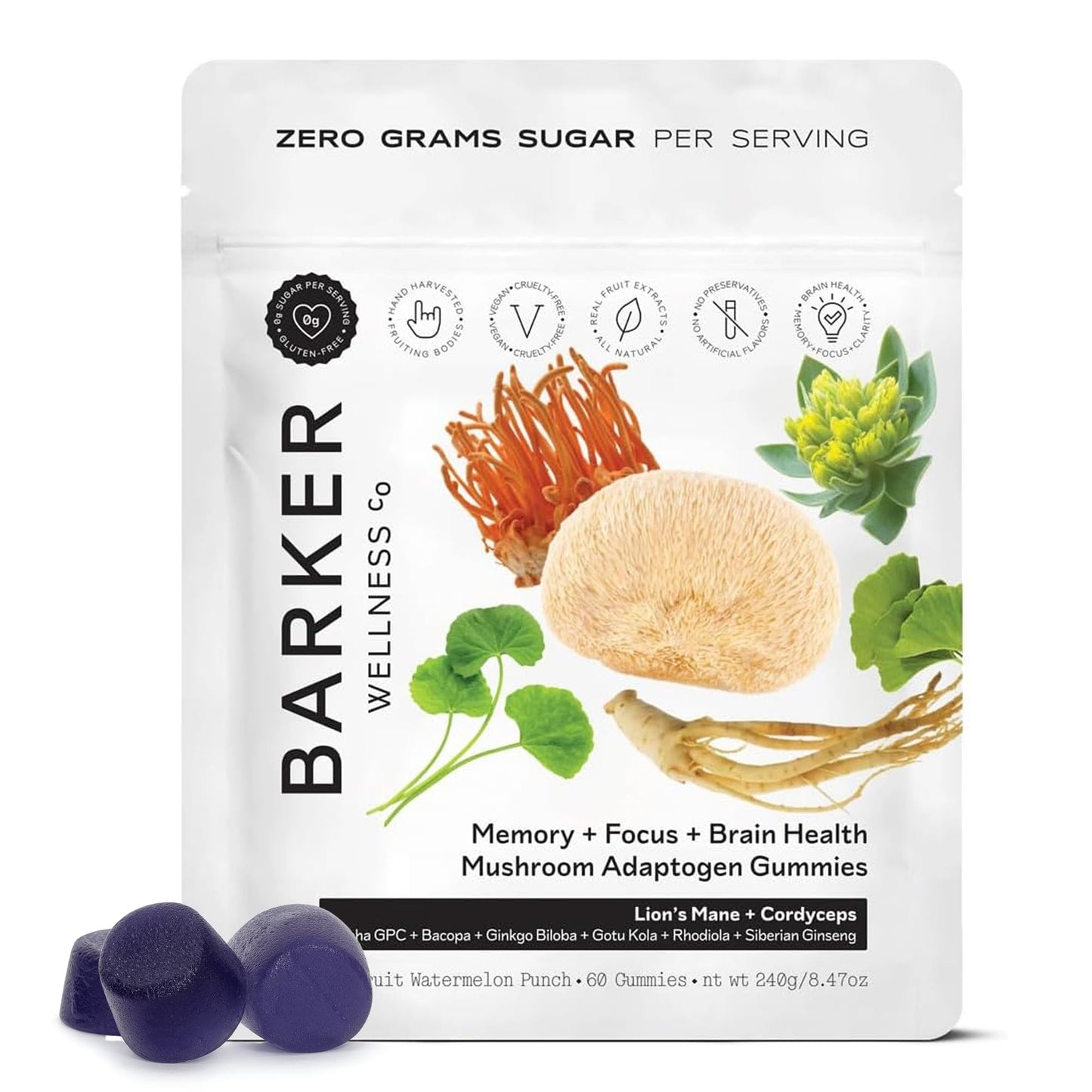 Barker Wellness Mushroom Adaptogen Gummies for Memory & Focus, Brain Health Supplement with Lion's Mane, Cordyceps, Cognizin, Vegan, Sugar-Free Passion Fruit Watermelon Flavor- 60 Count Barker Wellness Co